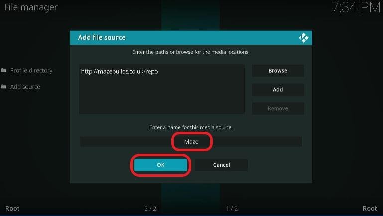 Kodi file manager screen, naming the maze build addon