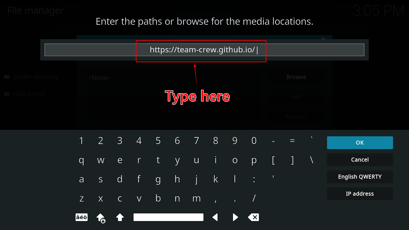 Kodi file source path window to enter The Crew addon’s URL