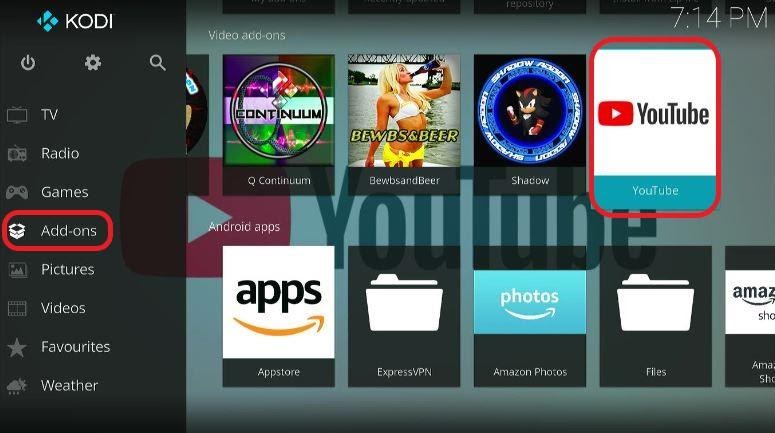 Kodi home screen Add-on tab under Video addon YouTube highlighted