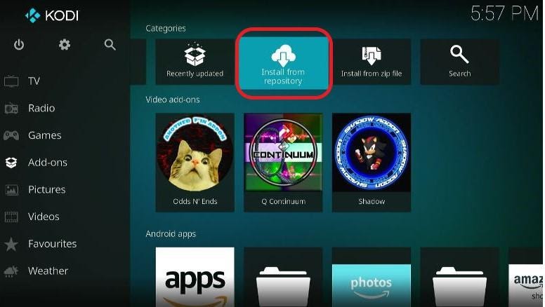 Kodi home screen with Install from repository highlighted