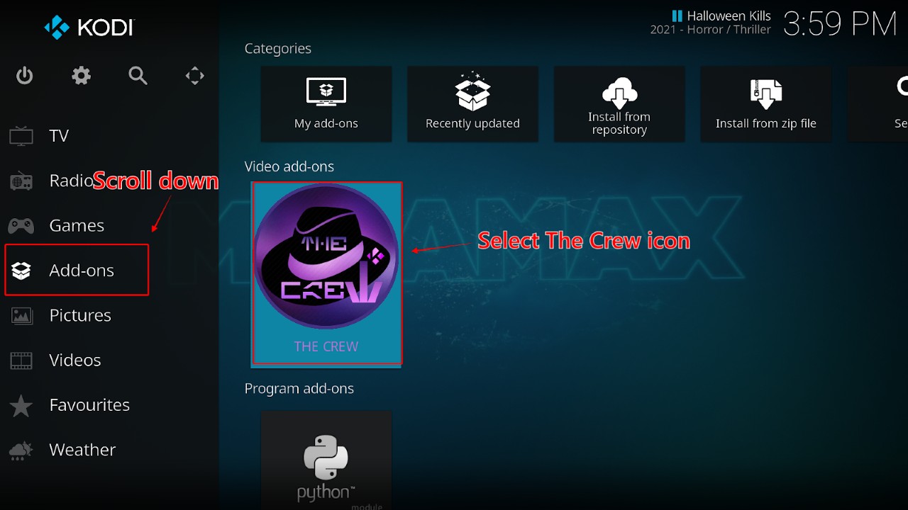 Kodi menu with the Add-ons option highlighted and The Crew addon indicated for selection