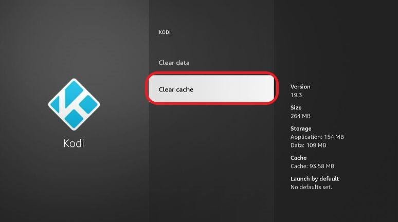 Kodi screen, clear cache highlighted