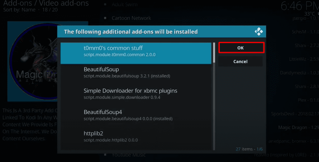 Screen for additional Kodi addons installation