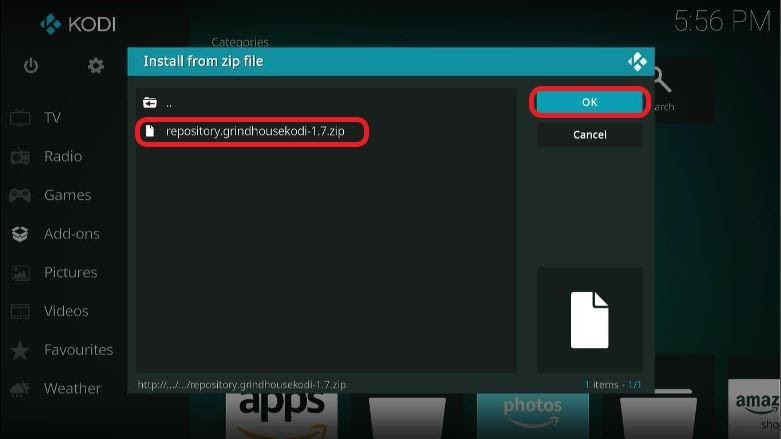 Kodi screen repository.grindhousekodi-1.7.zip and OK button highlighted