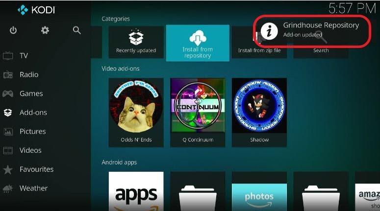 Kodi screen showing Grindhouse repository Add or Update popup