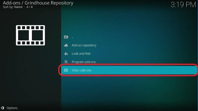 Kodi select the folder Video Add-ons on Grindhouse Repository