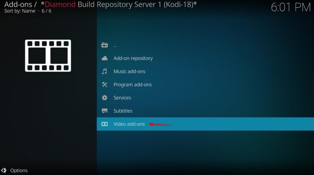 Kodi video add-ons screen in Diamond build repository server