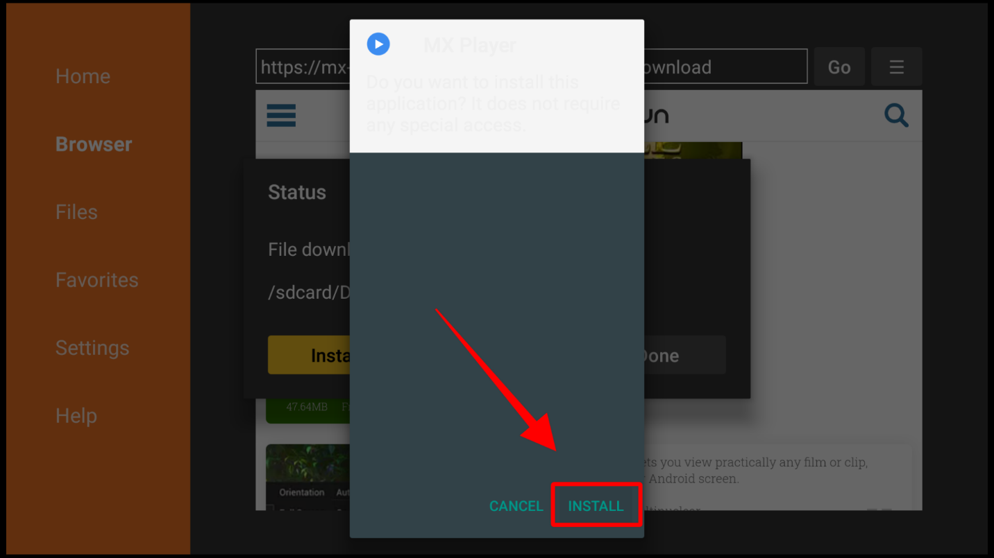 MX Player installation dialog box on Firestick with the INSTALL option highlighted for clicking