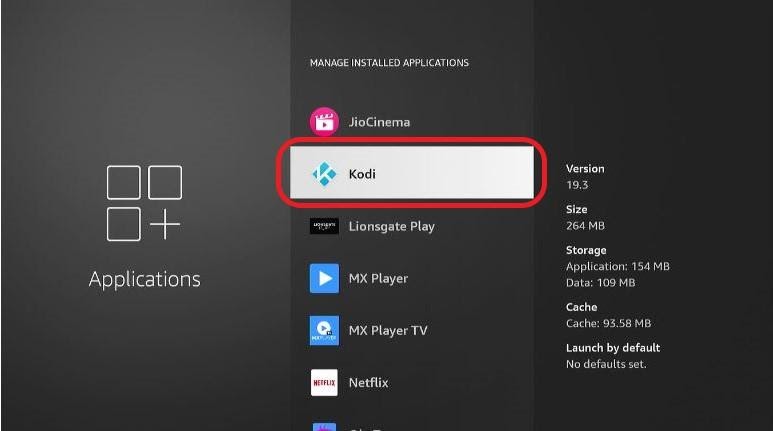 Manage Installed Application window KODI highlighted