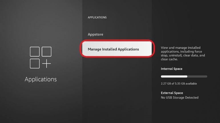 Manage Installed Application window