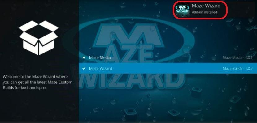 Maze Wizard Add-on installed message screen