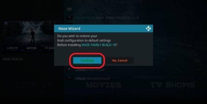 Maze Wizard popup, Continue highlighted