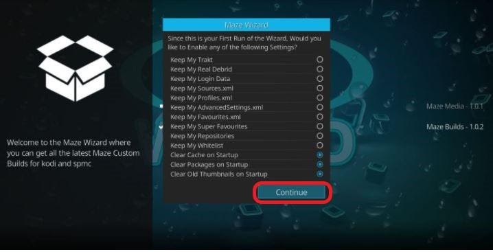 Maze Wizard prompt Continue button highlighted