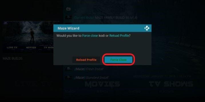 Maze Wizard screen Force Close button highlighted