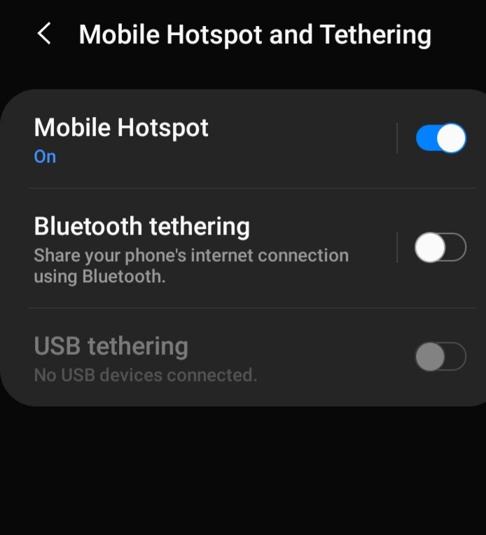 Screenshot of Mobile Hotspot and Tethering