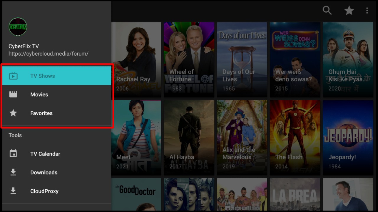 Movies and TV Show options on CyberFlix TV menu