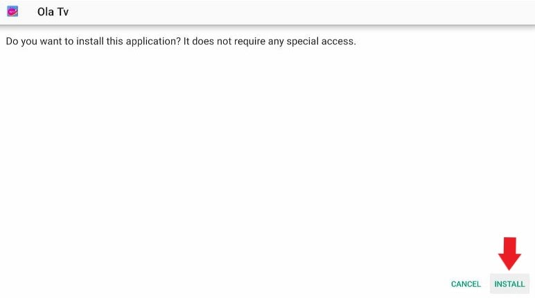 Ola TV APK screen with Install button highlighted