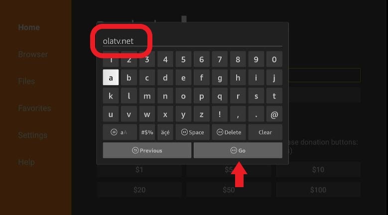 On the app’s home screen, select the text box and type olatv.net