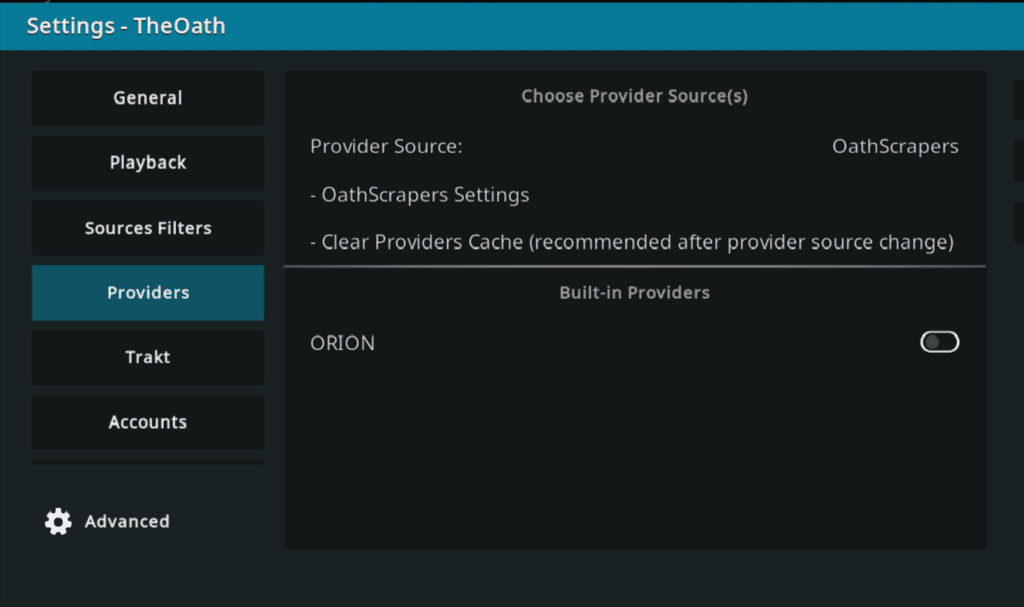 Providers menu in the Oath settings menu