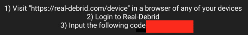 Real-Debrid log in code screen on Cinema HD