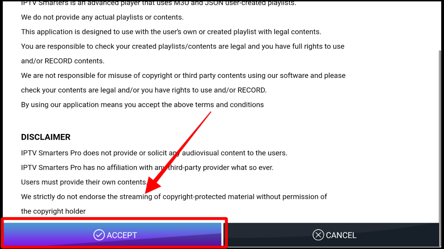 Screenshot of IPTV Smarters user agreement with the Accept button highlighted