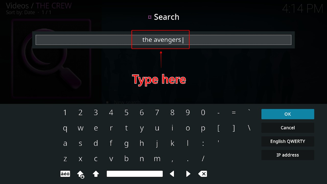 Search interface of The Crew Kodi addon showing a field to type the user’s movie of choice