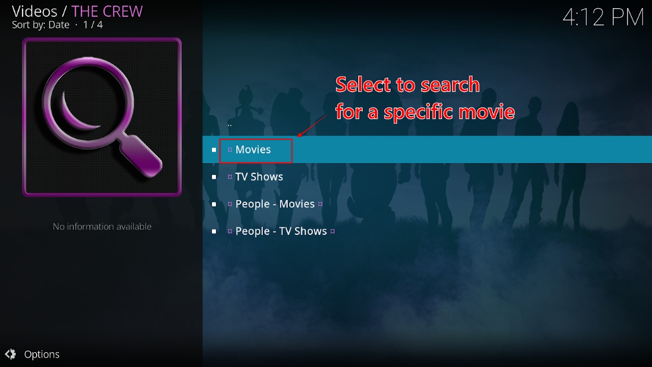 Search options in The Crew menu on Kodi with the Movies category highlighted