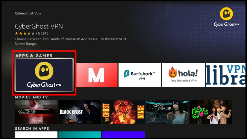 Search results for CyberGhost on Firestick