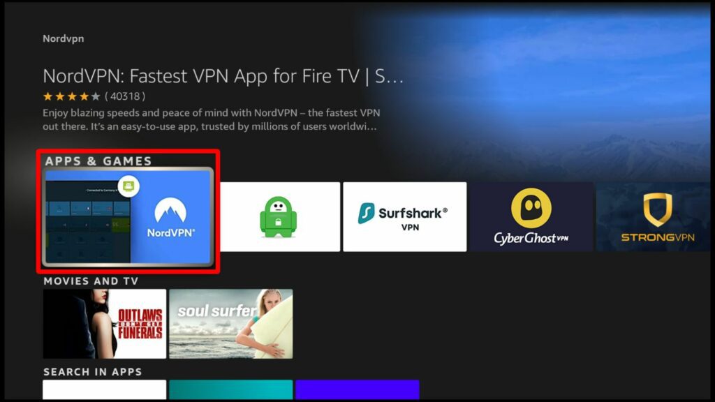 Search results for NordVPN on Firestick