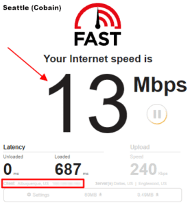 Screenshots of speed test results made on Windscribe showing 13 Mbps for Seattle