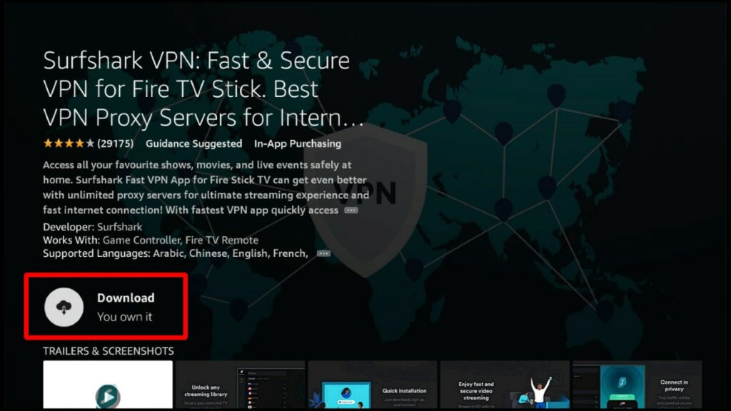 Surfshark VPN installation option on Firestick