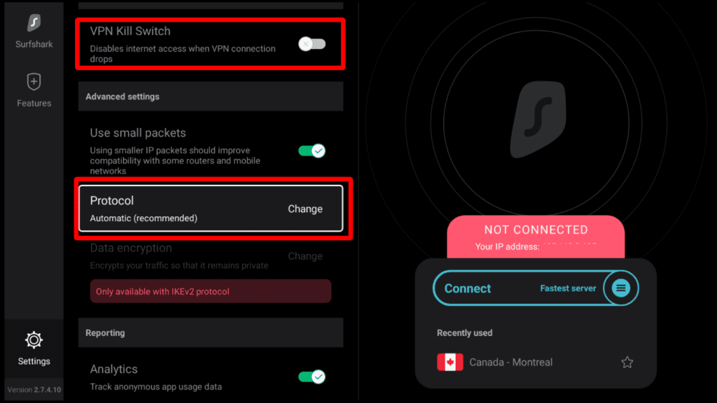 Surfshark VPN settings