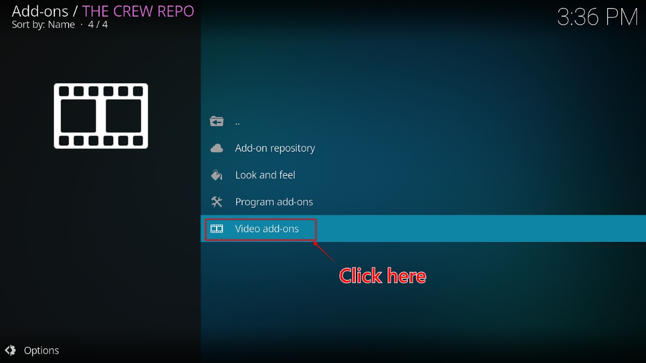 THE CREW REPO window on Kodi with the Video add-ons option highlighted for clicking