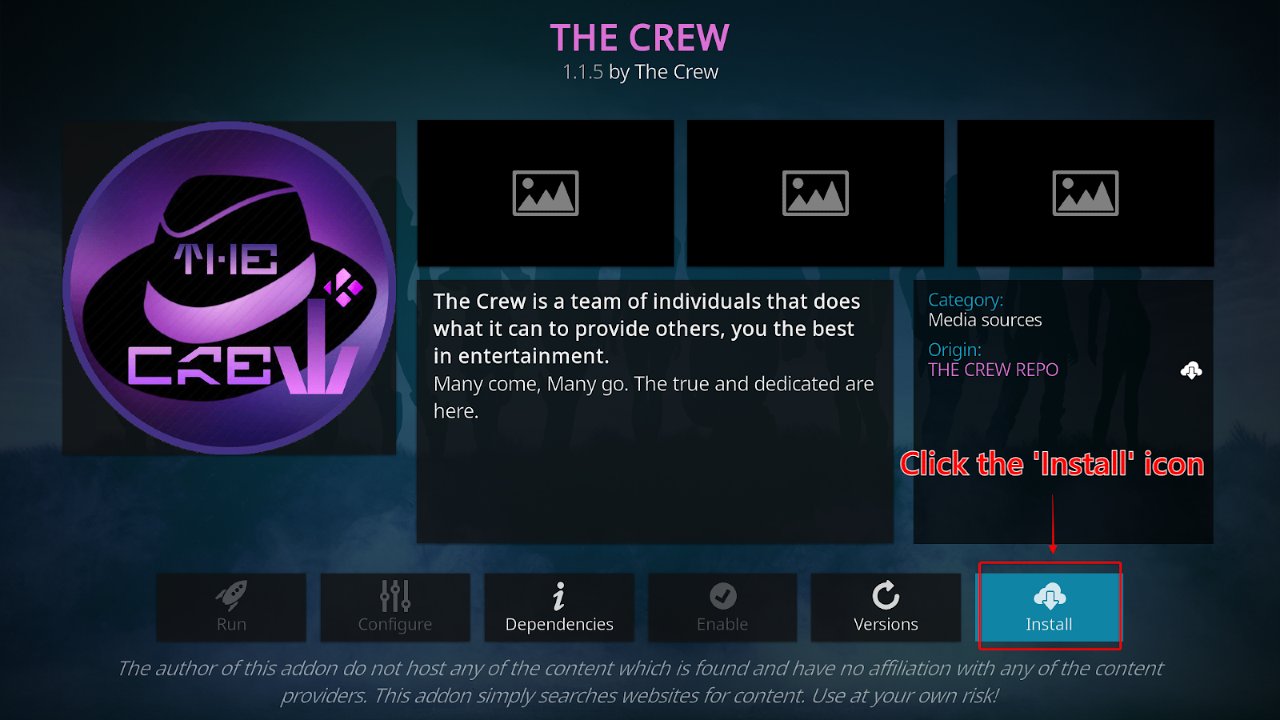 THE CREW window on Kodi with the Install menu tile highlighted for clicking