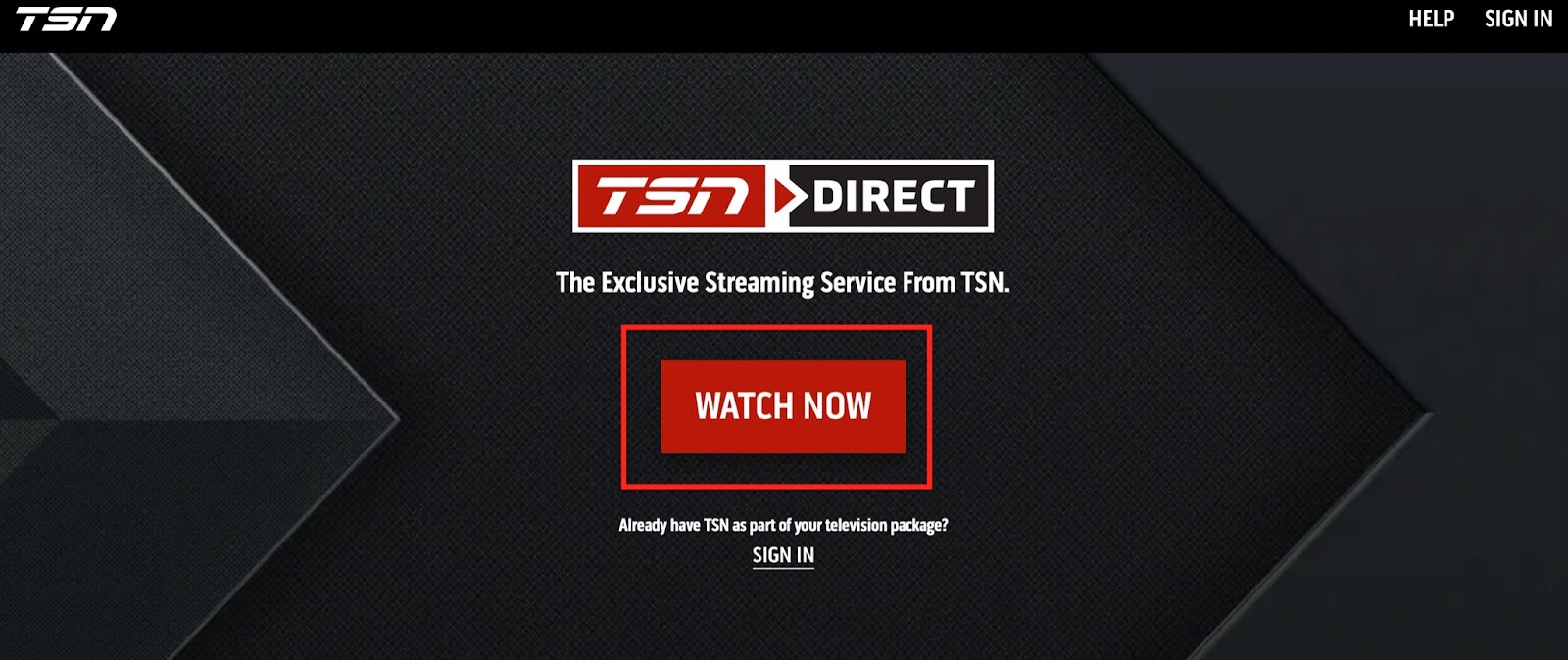 TSN Direct official website, Watch Now highlighted