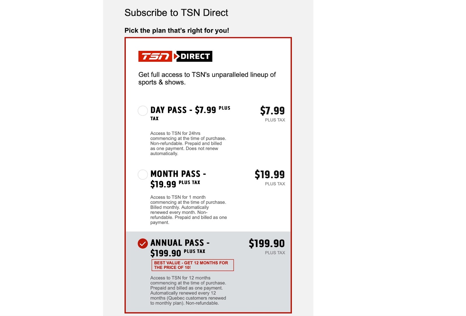 TSN subscription plan details