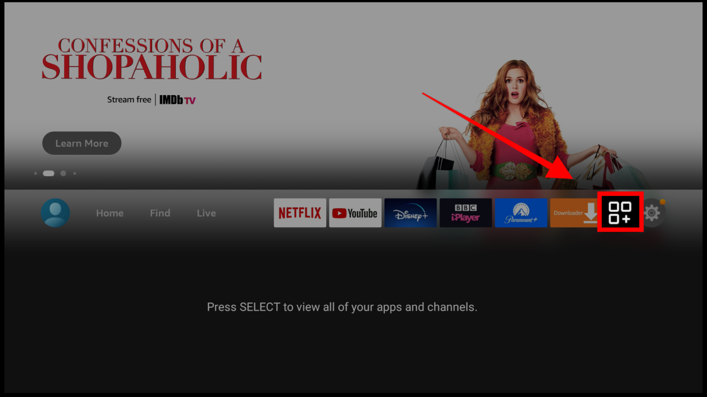 The Apps and Channels icon on Firestick- three boxes and a plus sign located on the far right of the Firestick home screen