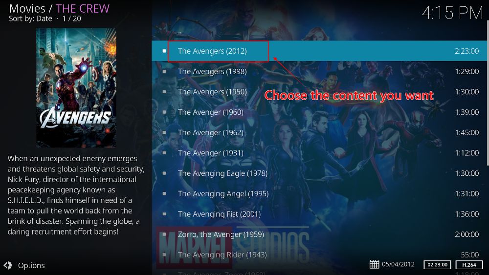 The Crew Kodi addon search results for the movie The Avengers