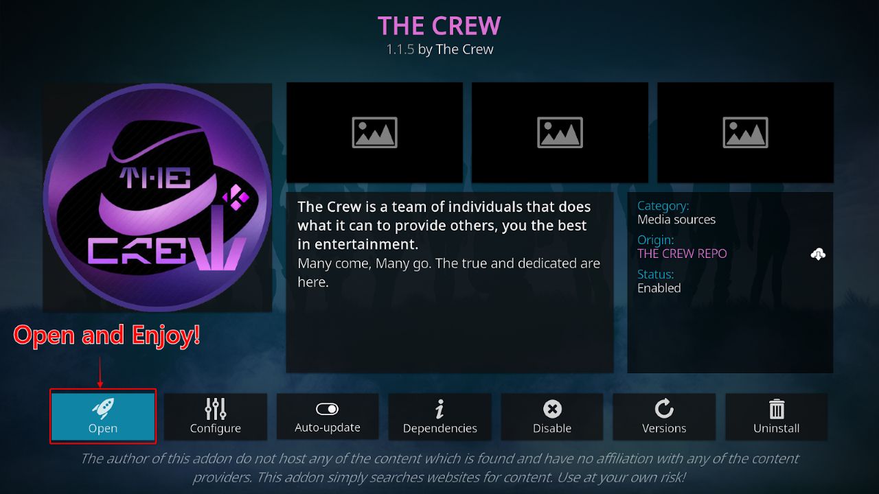 The Crew addon screen on Kodi with the Open menu tile highlighted