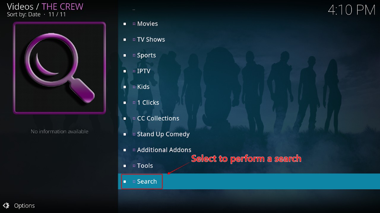 The Crew menu on Kodi showing Search as one of the options