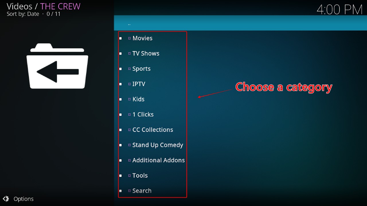 The Crew menu on Kodi showing different categories