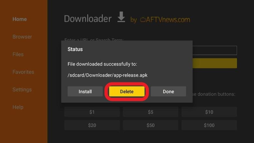 The Delete button highlighted for the Catmouse Downloader Status dialog box