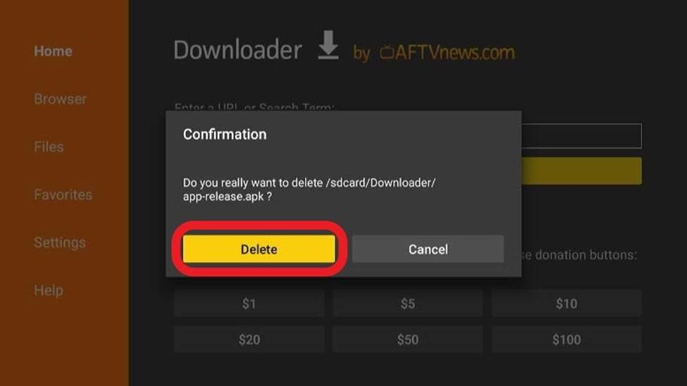 The Delete button highlighted for the Catmouse Downloader confirmation dialog box