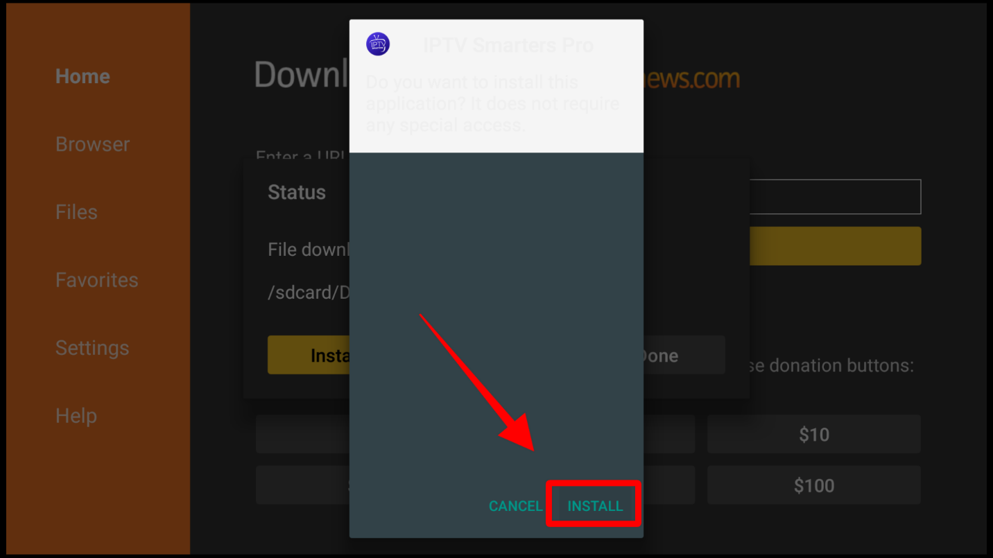 The Install button highlighted on the dialog box for IPTV Smarters on Firestick