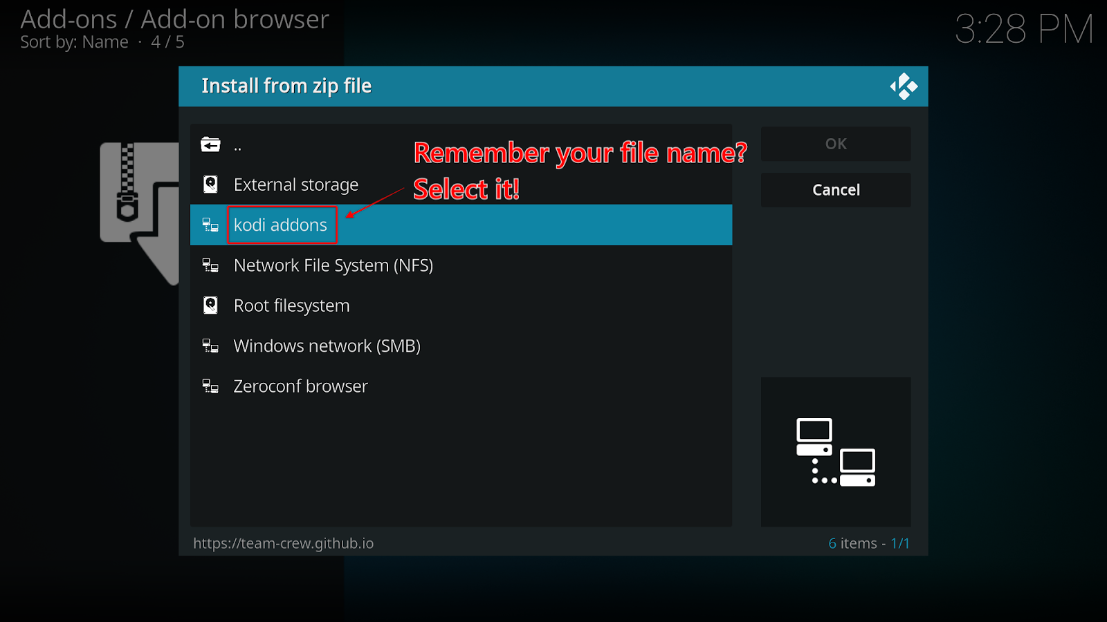 The Install from zip file window showing the filename kodi addons as one of the source paths