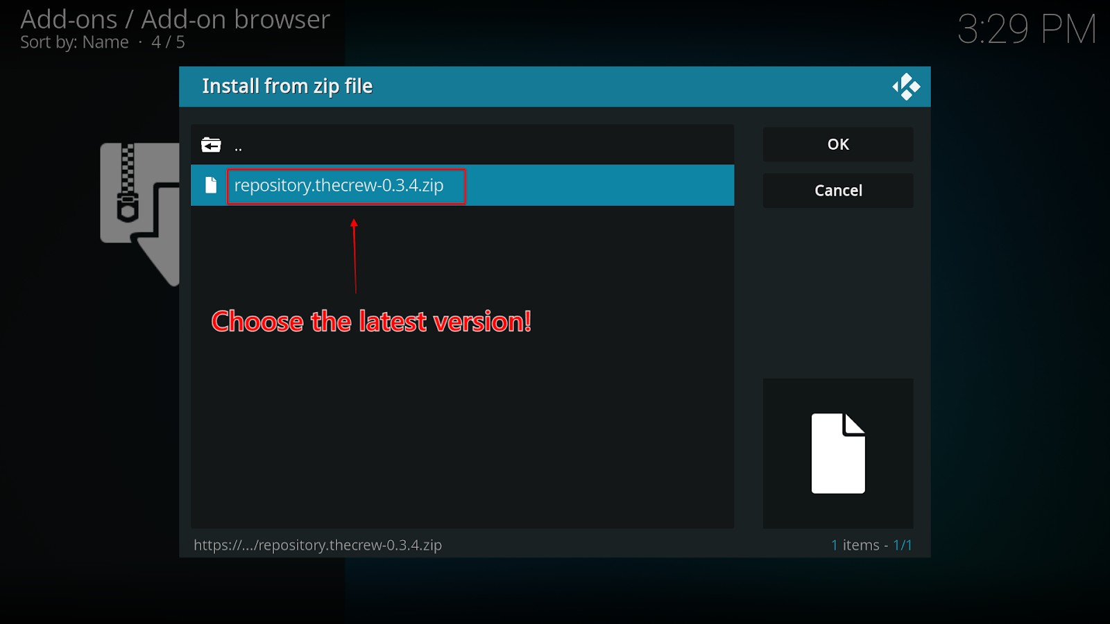 The Install from zip file window showing the latest version of The Crew addon repository