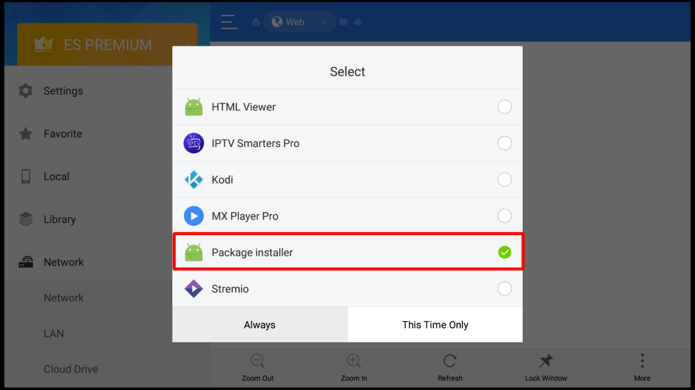 The Package Installer option highlighted in the Select box on File Explorer