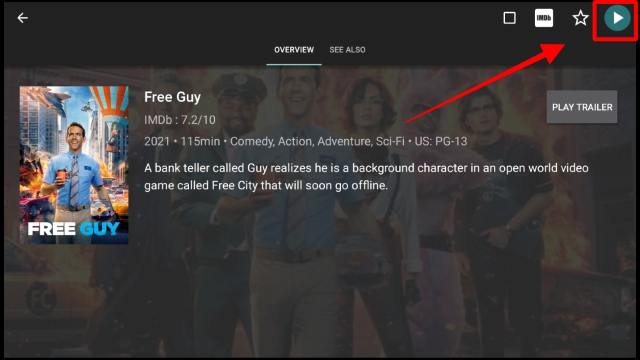 The Play button highlighted of a selected movie on CyberFlix TV’s streaming interface