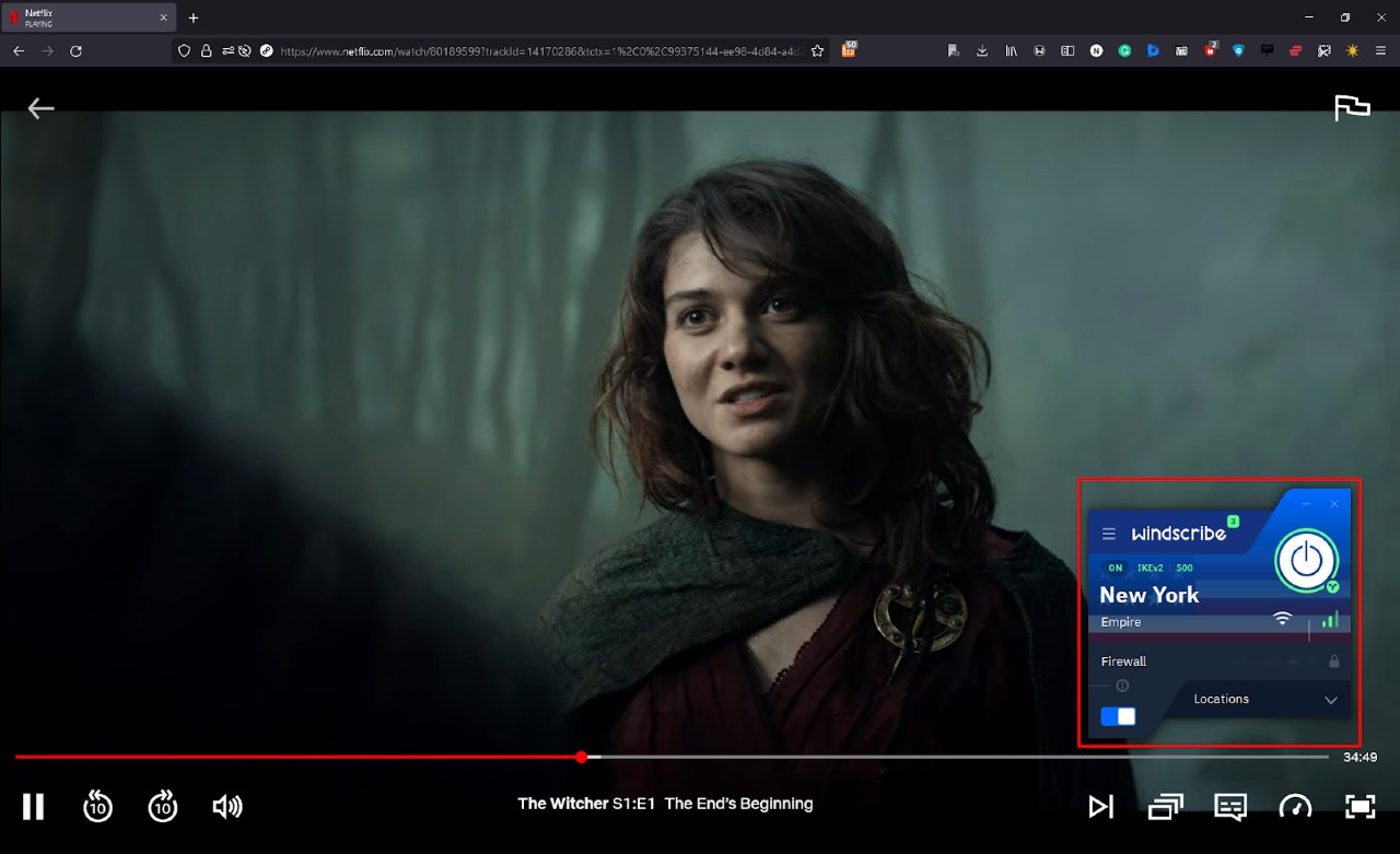 The Witcher playing on Netflix with Windscribe VPN turned on