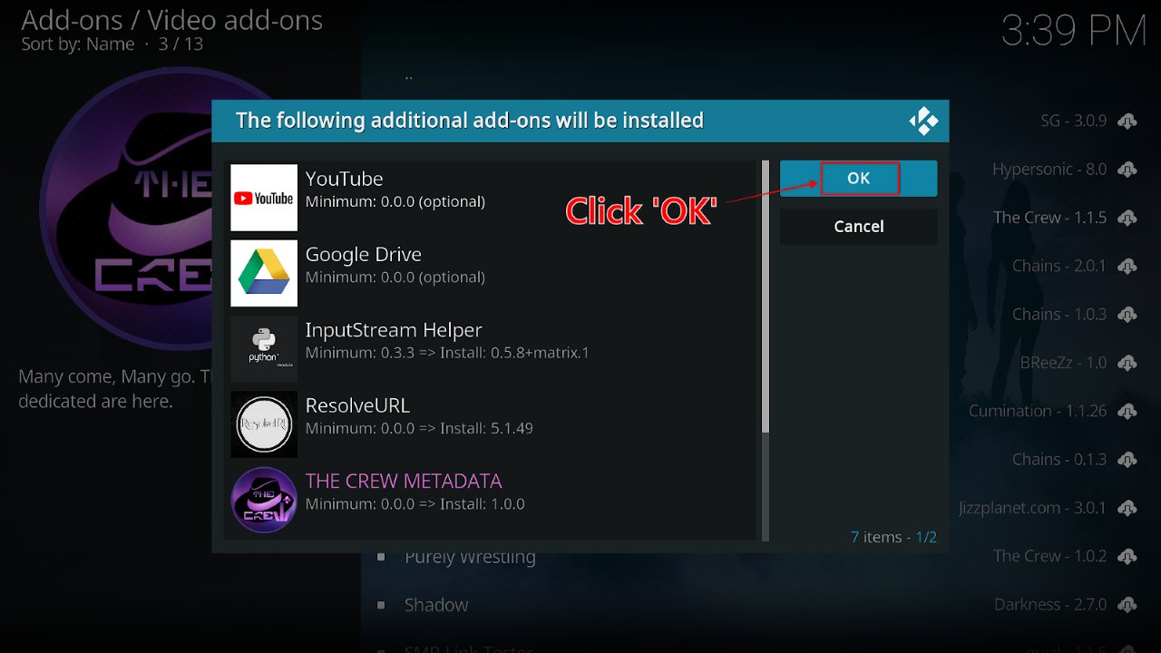 The dialog box for The Crew video addons with the OK button highlighted for clicking